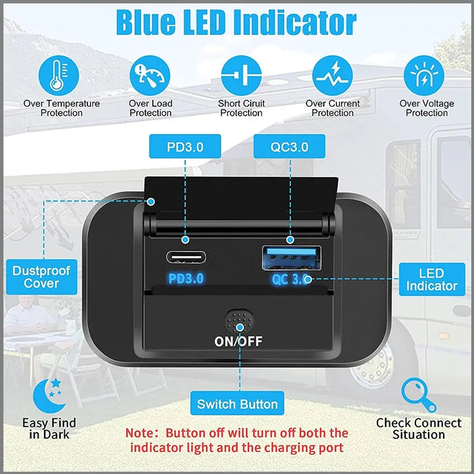 PD QC3.0 Car Charger Socket Quick Charge 12V/24V For Motorcycle Auto Truck ATV RV Bus Dual USB Power Adapter Outlet With On/Off