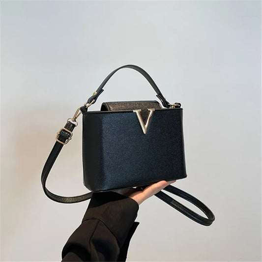 Luxury Women's Tote Bag, Chic V Shaped Stylish Pu Leather Bucket Bag, Top Cover Handbag Women Shoulder Crossbody Bags for Woman