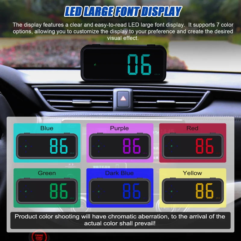 Car Headup Display GPS Digital Speedometer KM/H MPH Switchable with Colorful LED Display Digital Clock Driving Direction Display
