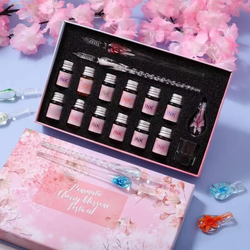 2022 Sakura Glass Dip Pen Set 2Pcs Crystal Glass Pens with 12 Gold Powder Inks for Signatures Drawing Caligraphy Kit Gifts