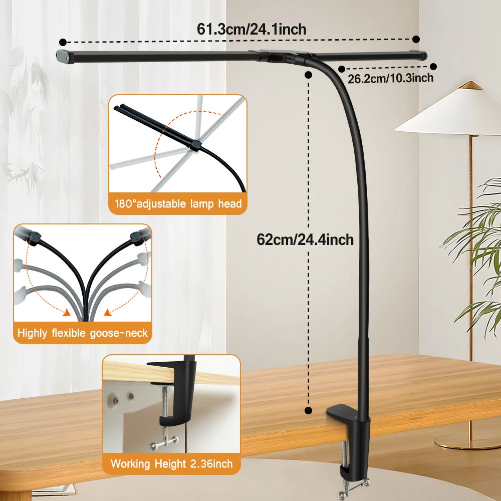 Double Head LED Clip Desk Lamp Architect Table Lamp for Home Office Lighting 3 Color Mode and 10 Dimmable Eye Protect Desk lamps