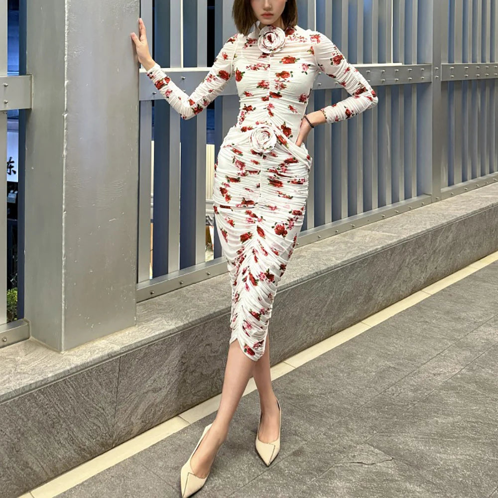 Handmade Floral Women's T Shirt Y2k Pleated Slim Temperament Elegant Round Neck Long Sleeve Blouse 2025 Early Spring New