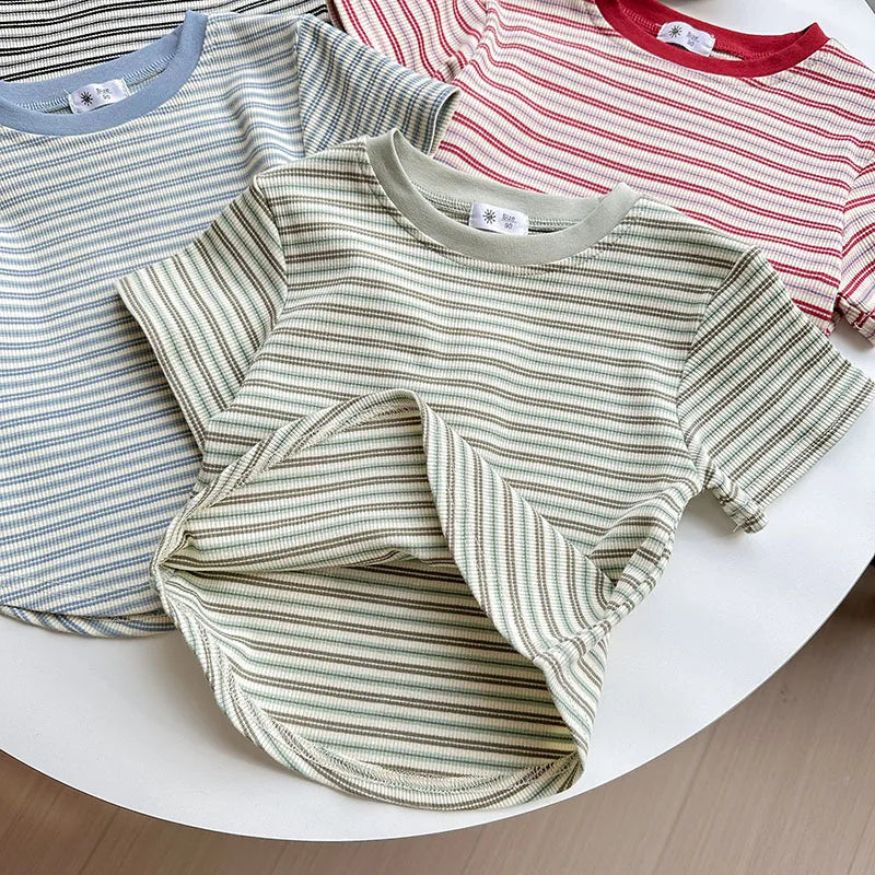 Children's Short Sleeve Boys Girls Summer New Striped T-shirt Baby Thin Bottoming Shirt Casual Wear