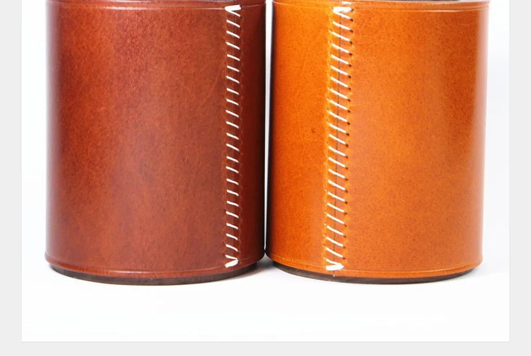 High End Handmade Genuine Leather Solid Wood Pen Holder Cowhide Office Stationery Storage Pen Holder Desk Organizer Holder