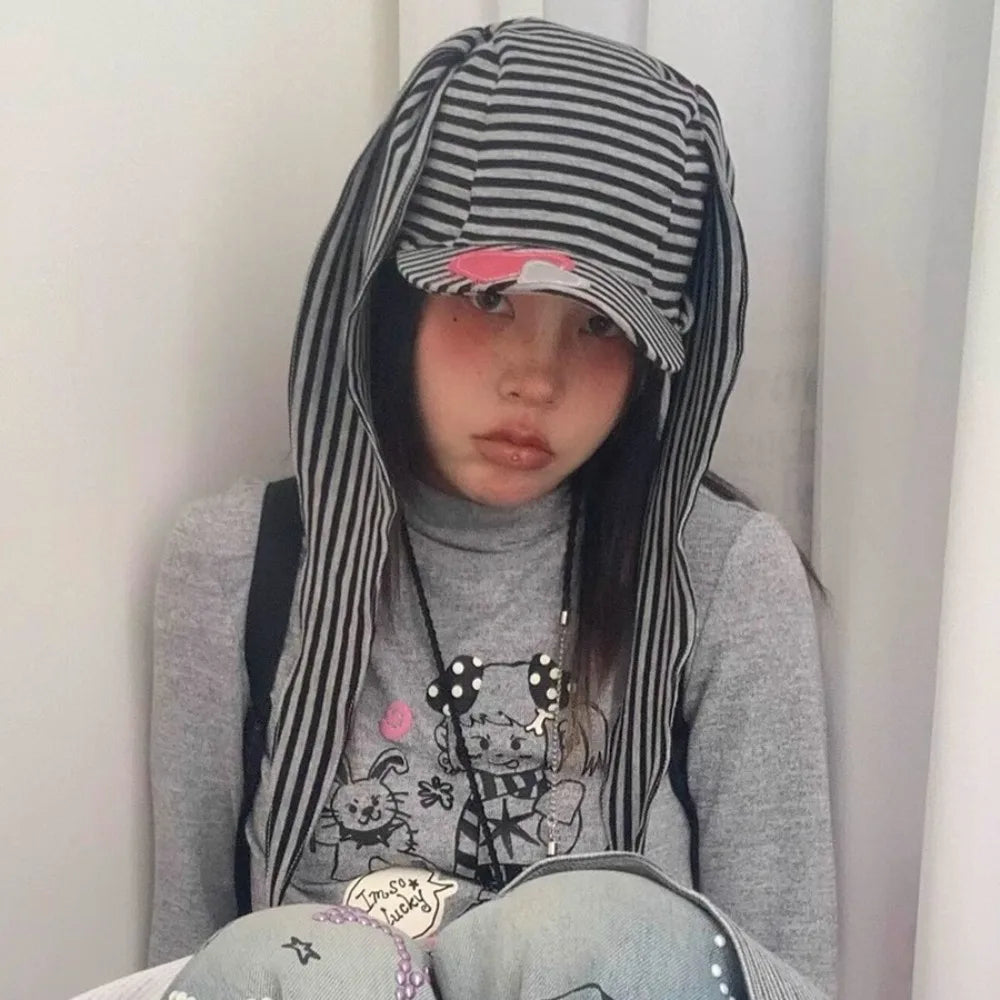 Apparel Accessories Rabbit Bunny Ears Baseball Cap Cotton Sunscreen Lop Ear Cap Hip Hop Y2K Heart Stripe Hat Street