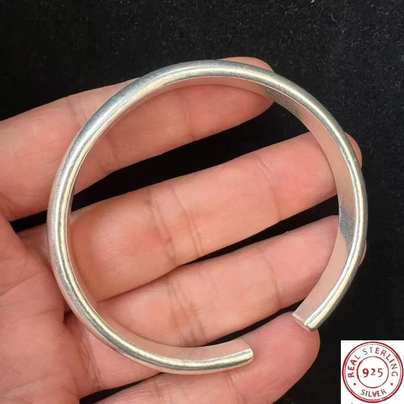 925 Sterling Silver Plain Bangle, Adjustable Open Design, Unisex Minimalist Jewelry