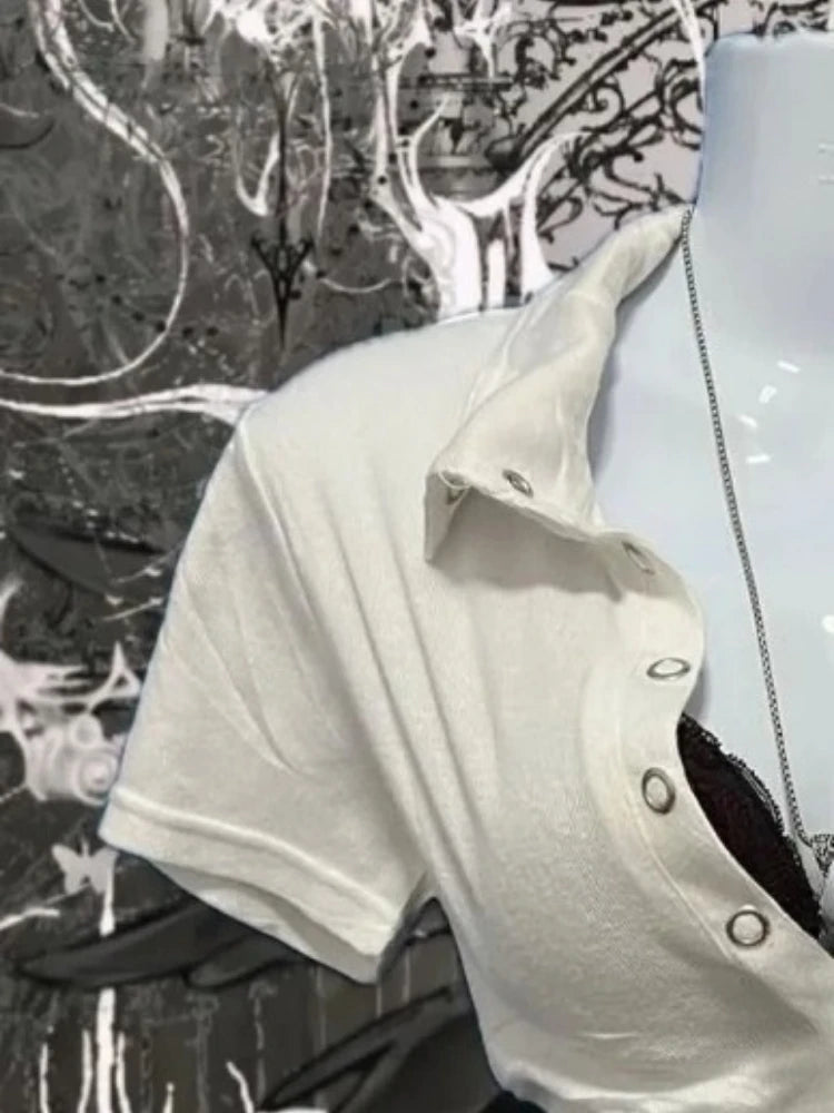 Japanese Letter Printing Vintage Tops Y2k Aesthetic Turn Down Collar Punk Tshirts Women Grunge Harajuku Casual Slim Fit Tees