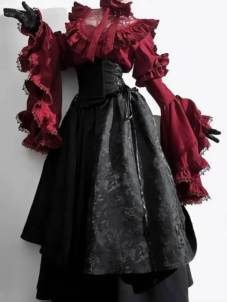 Halloween costume black and red gothic Lolita half skirt long skirt shirt two-piece set 2025 new Lolita