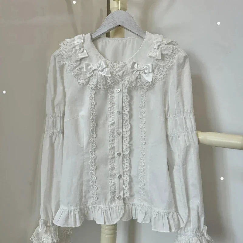 Women Harajuku Japanese Style Sweet Lolita Shirts Peter Pan Collar Bow Lace Ruffles Long Sleeve White Blouse Blusas Mujer Tops