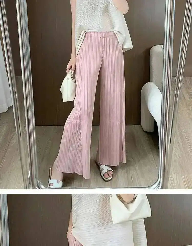 LANMREM patchwork design women's Pleated trousers elastic High Waisted Draped Straight Wide Leg Pants 2025 chic new 2DB3871