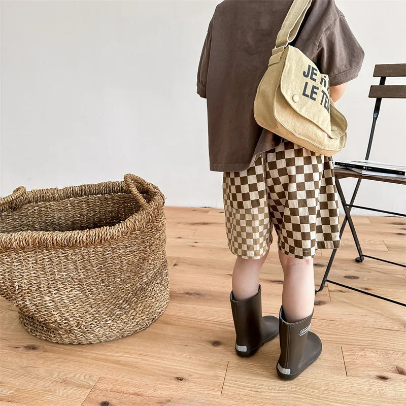 deer jonmi 2023 Summer Korean Style Children Plaid Patchwork Shorts Baby Boys Casual Chic Loose Shorts Kids Clothes