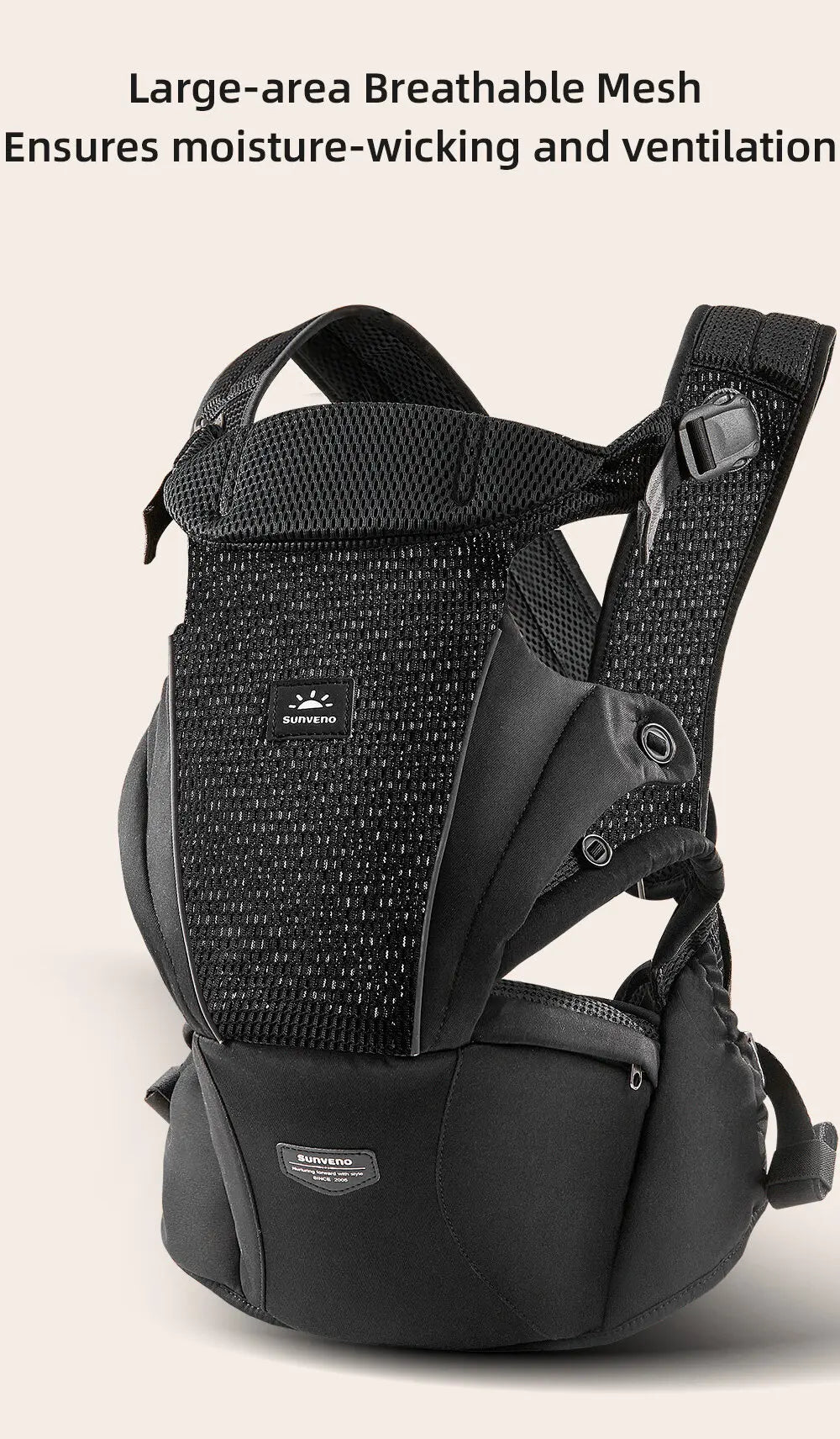 Sunveno Integrated Secure Baby Carrier Effortless Comfortable Baby Carrier Mesh Breathable 4-24months Hands-Free Ergonomic Black