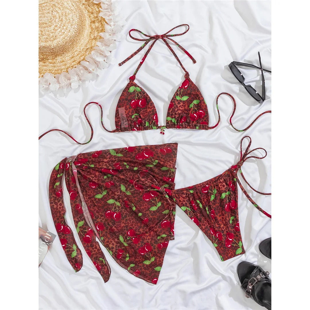With Sarong Leopard Printed Bikini Women Swimwear Female Swimsuit Three-Pieces Bikini Set Halter Bather Bathing Suit Swim V7900