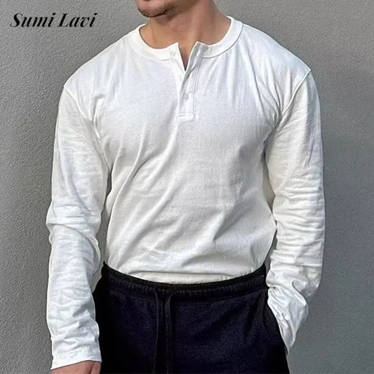 Leisure Solid Color Henley Collar T Shirts Mens 2025 Spring Autumn Casual Buttoned Crew Neck Pullover Tops Men Vintage T-shirt