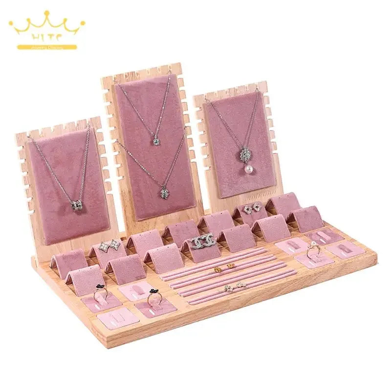 Wood Set Jewelry Counter Display Stand Necklace Pendant Holder Earring Ring Display Tray Props High-Capacity 39*25Cm