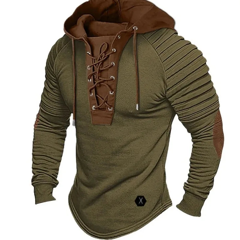 Men’s Lace-Up Hoodie Long Sleeve Pullover Slim Fit Sweatshirt Ribbed Arm Patchwork Design Off White Streetwear Tops