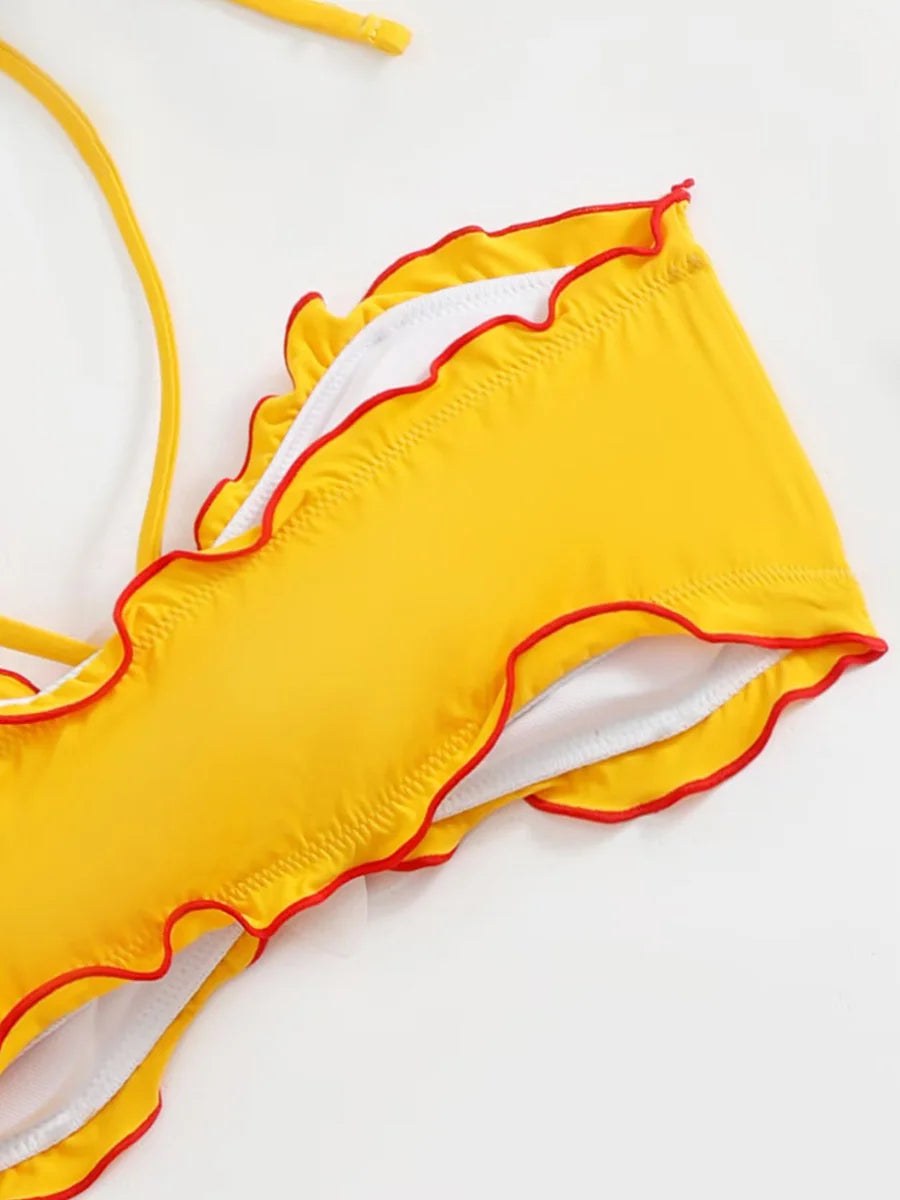 with Mesh Skirt 3D Flowers Halter Bandeau Bikini Women Swimsuit Female Swimwear Three-pieces Bikini Set Bathing Suit Beachwear