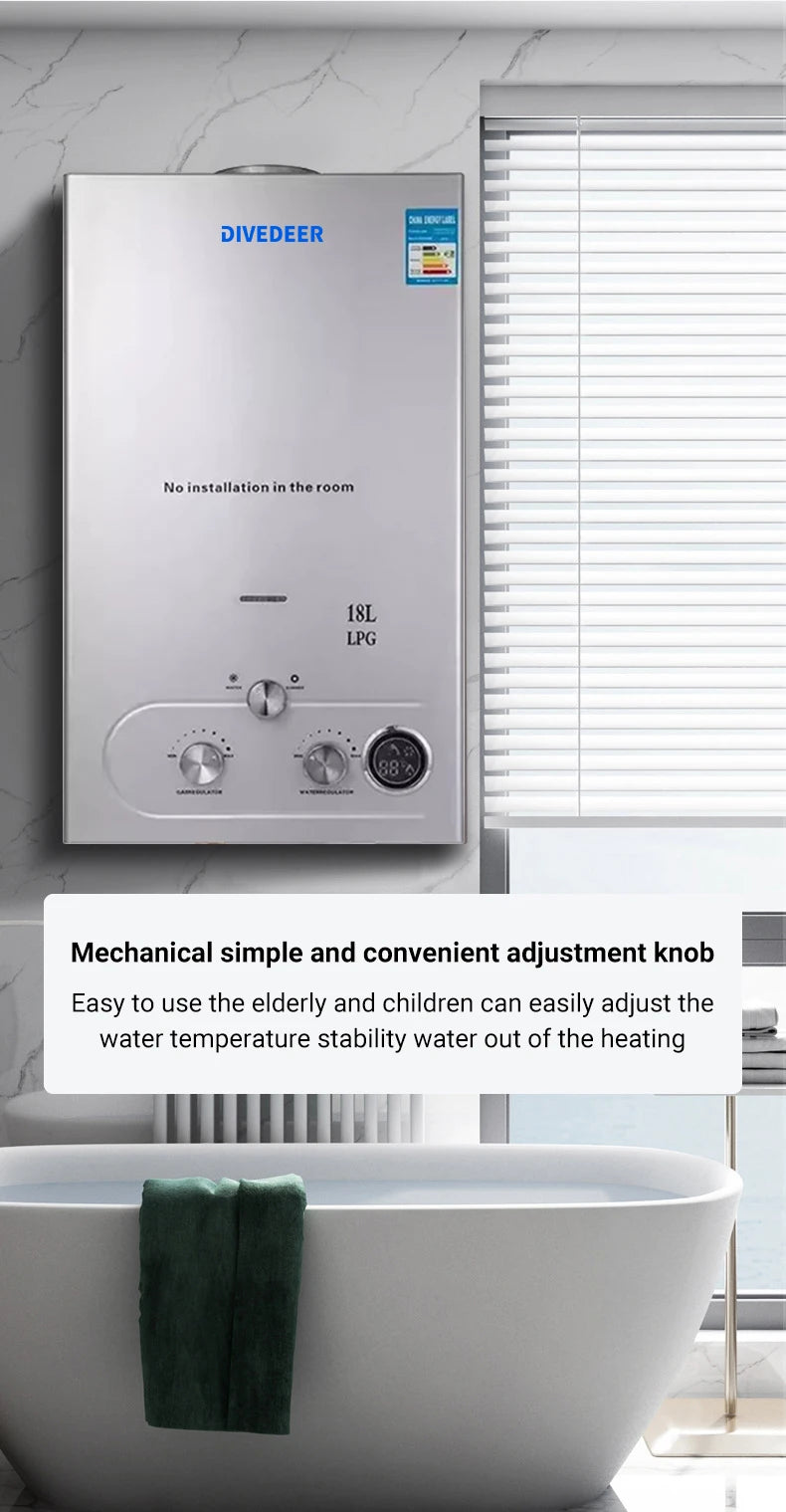 DIVEDEER 6L–18L Portable Instant-Heat LPG Water Heater for Home Use Stainless Steel Construction, Easy Installation