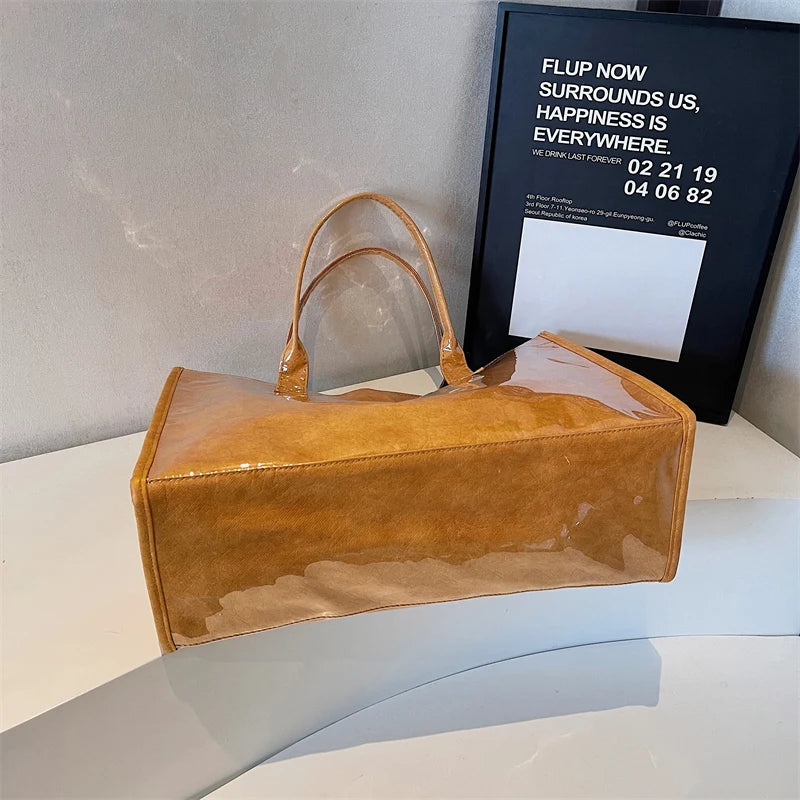 Women's Glossy Leather Tote Bag Letter Print Large Capacity Casual Commuter Shoulder Bag Fashion Daily Shopping Handbag 2026