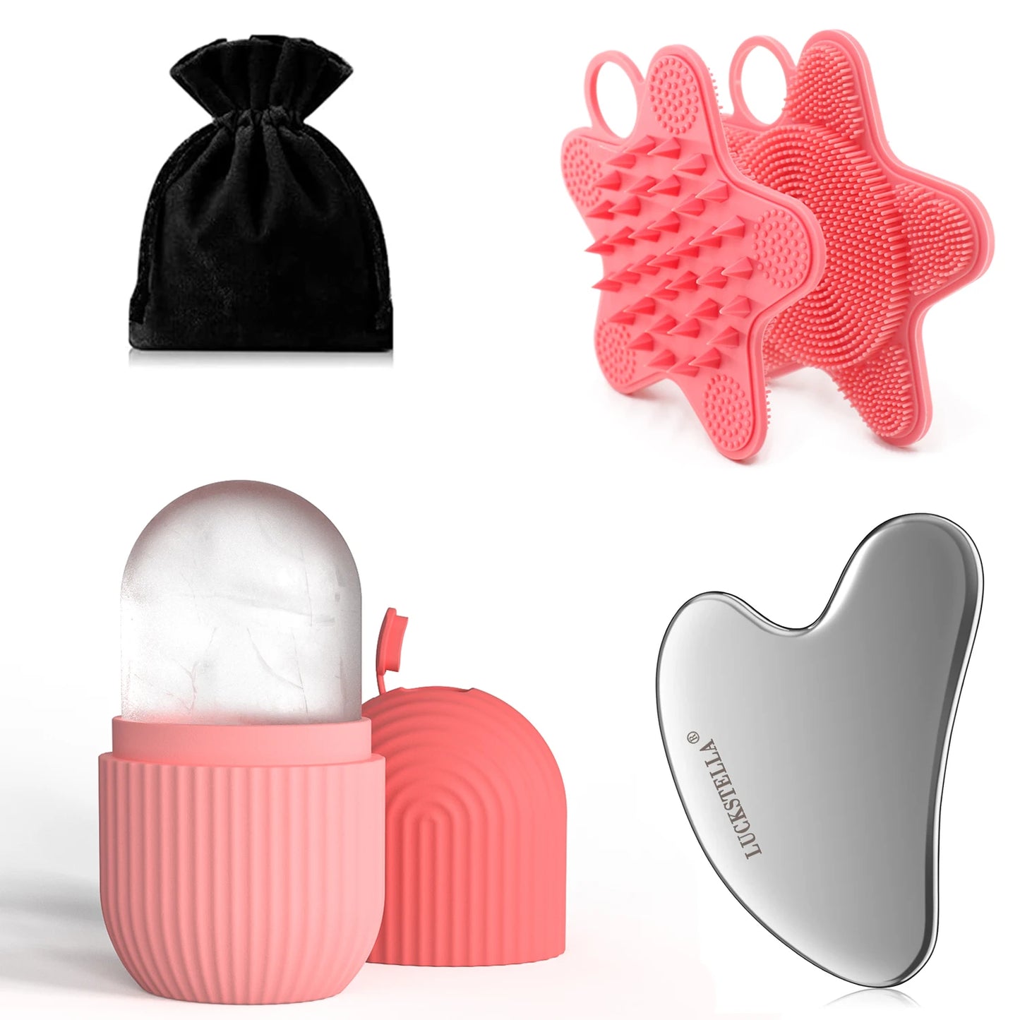 LUCKSTELLA 4Pcs Skin Care set Ice Face Roller &  Stainless Steel Gua Sha Board & Silicone Shower Brush Face Massage Roller