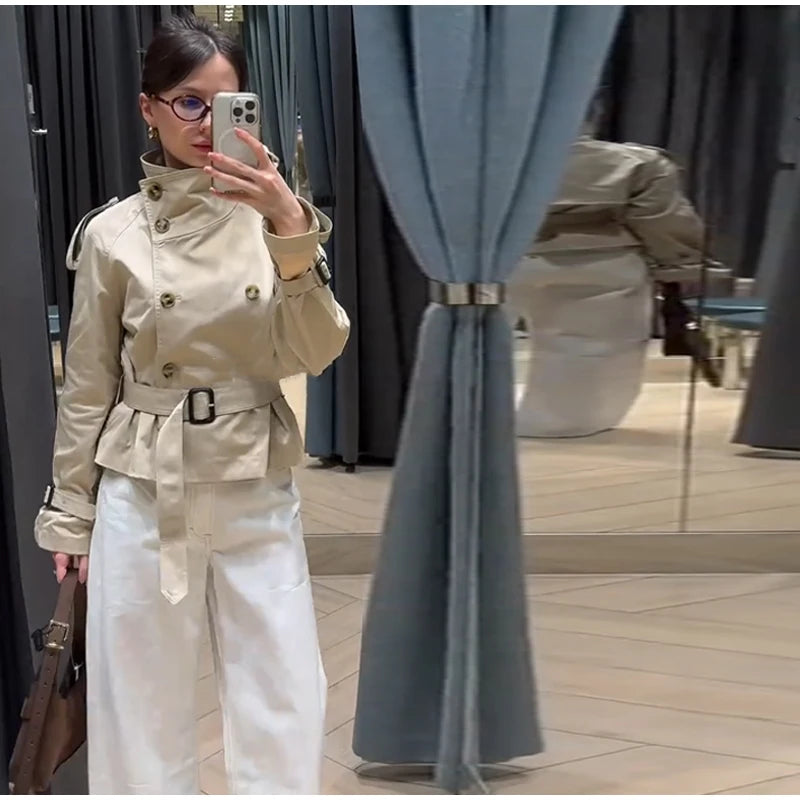 Fashion Women's Short Belt Jackets Long Sleeve Stand Collar Double Breasted Female Coat 2025 Autumn Lady Solid Outwear