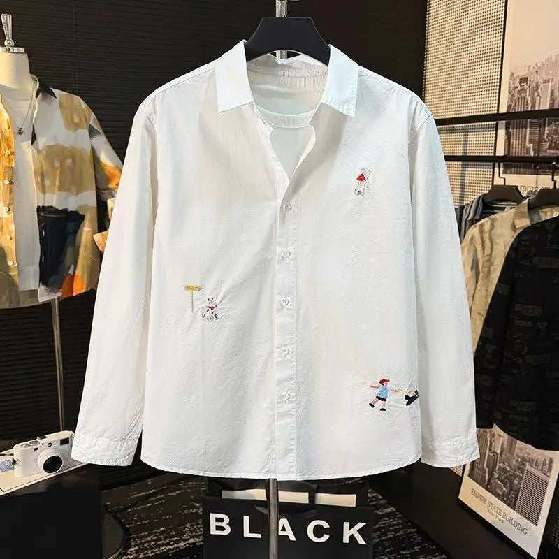 Embroidered Men's Shirts Fashionable Spring New Long-sleeved Versatile Trendy Loose Tops and Jackets Handsome and Casual