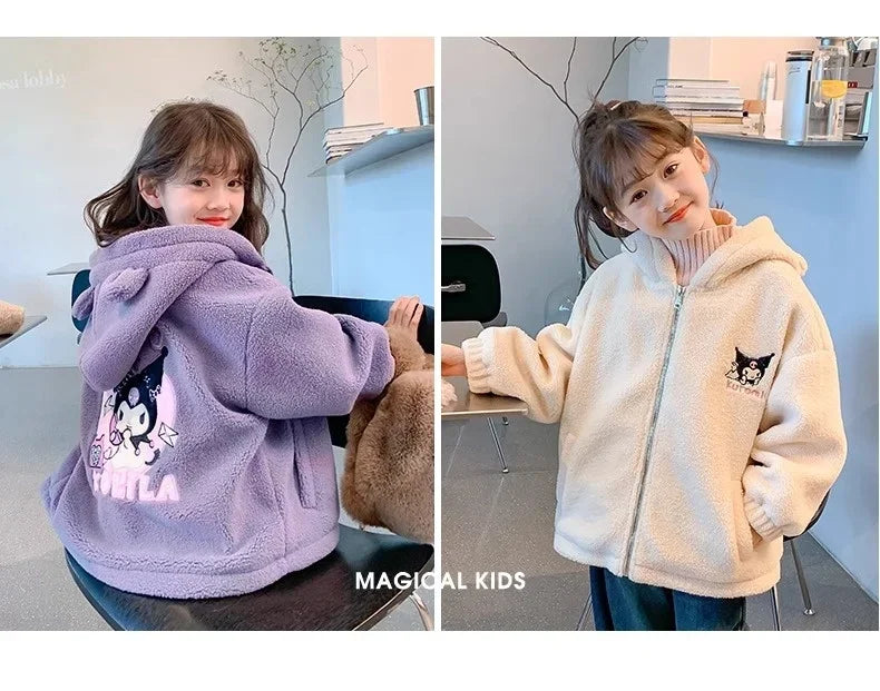 Winter 2025 New Cartoon Sanrio Kuromi Girls' Velvet Jacket Plus Velvet Children'S Polar Fleece Hooded Clothes Girls Winter Cloth