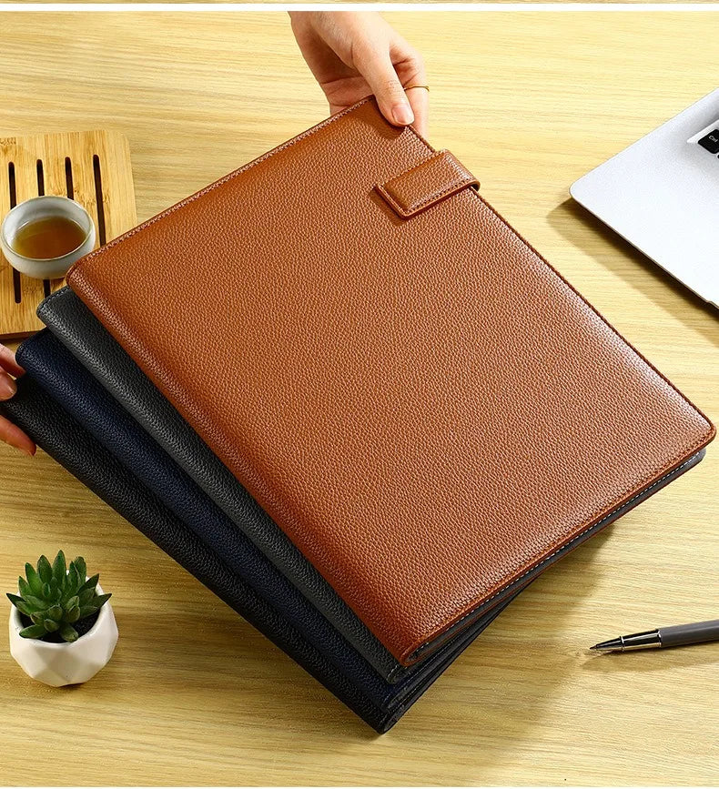 A4 Leather Padfolio Portfolio File Folder Man Document Holder Desk Organizer Executive Folders Calculator Briefcase for Office