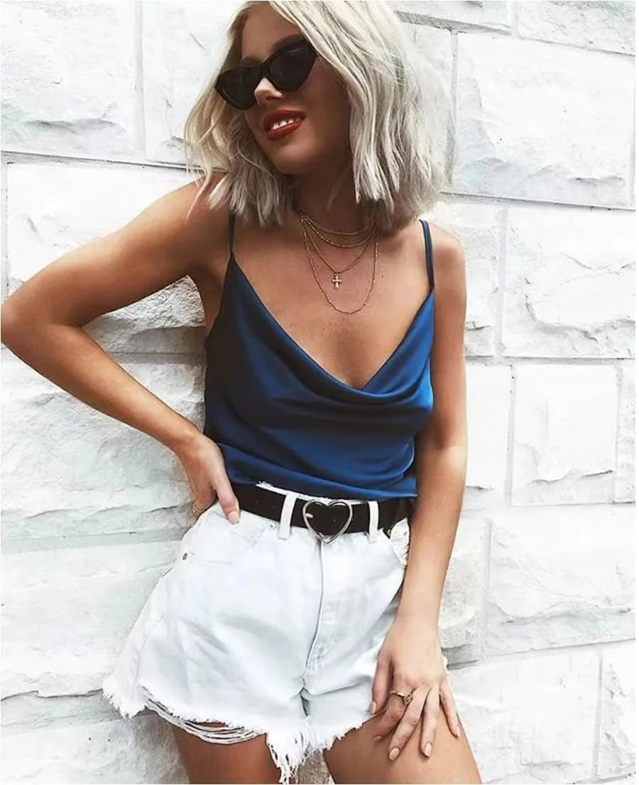 Summer Sexy Satin Strap Vest Top Sleeveless Inner Wear Base Tank Top Backless Splice Straight Cut Regular Length Women's Vest