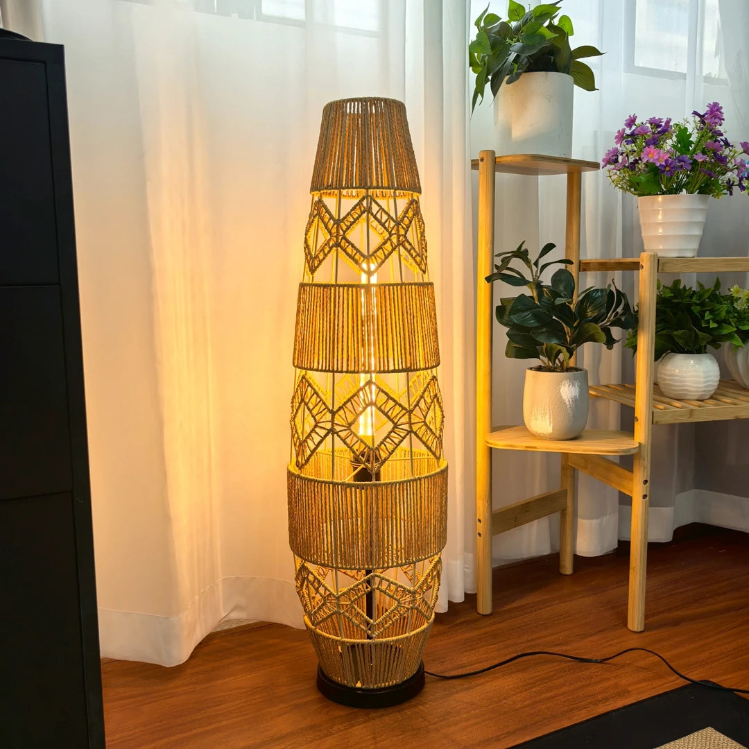 Boho Rattan Floor Lamp Hand-Woven with LED Light Bar, Corner Reading Lamp for Living Room Bedroom