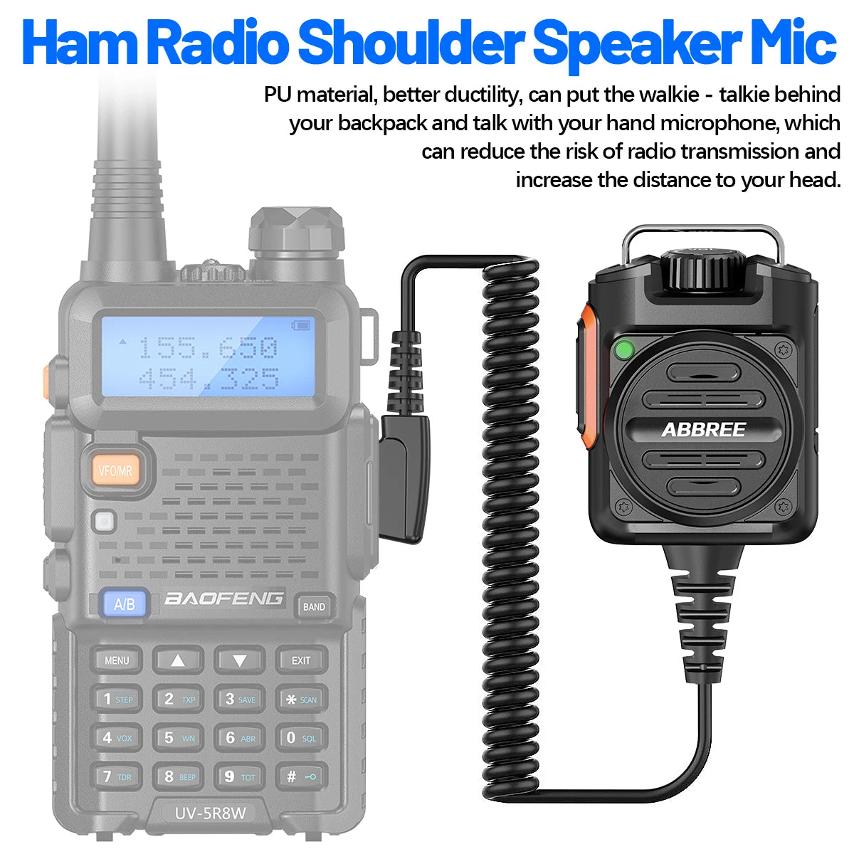 ABBREE AR-158 Speaker Mic Long Standby Volume Adjustable Clear Sound Compatible with Baofeng UV-5R Mini UV-5RH K Type Ham Radio