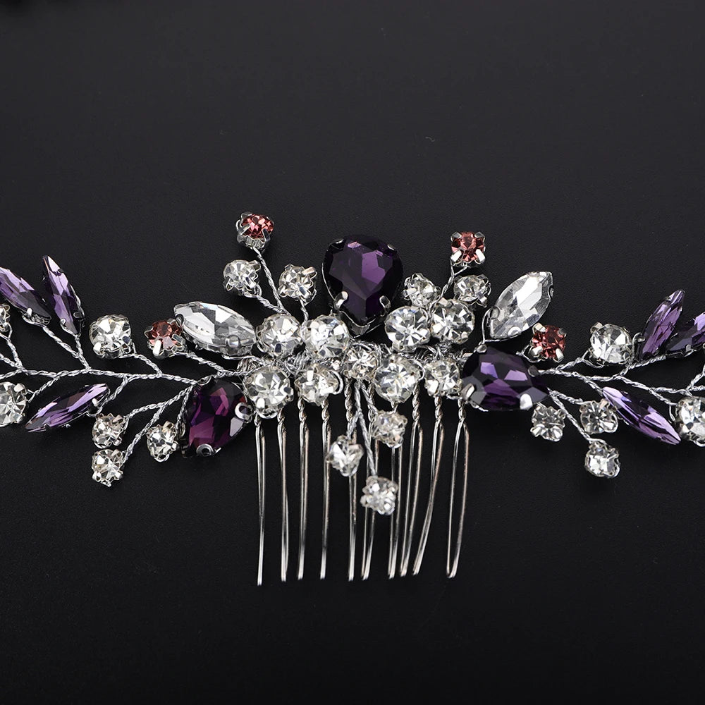 Crystal Flower Bride Hair Accessories Red Wedding Head Jewelry Blue Rhinestone Headdresses Women Hair Comb 9 Colors Headpieces