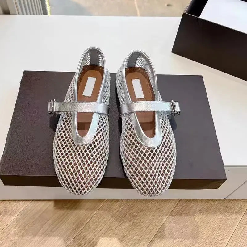 Designer brand original mesh buckle ballet sandals with women's hollow flat bottom Mary Jane mesh fishing net shoes