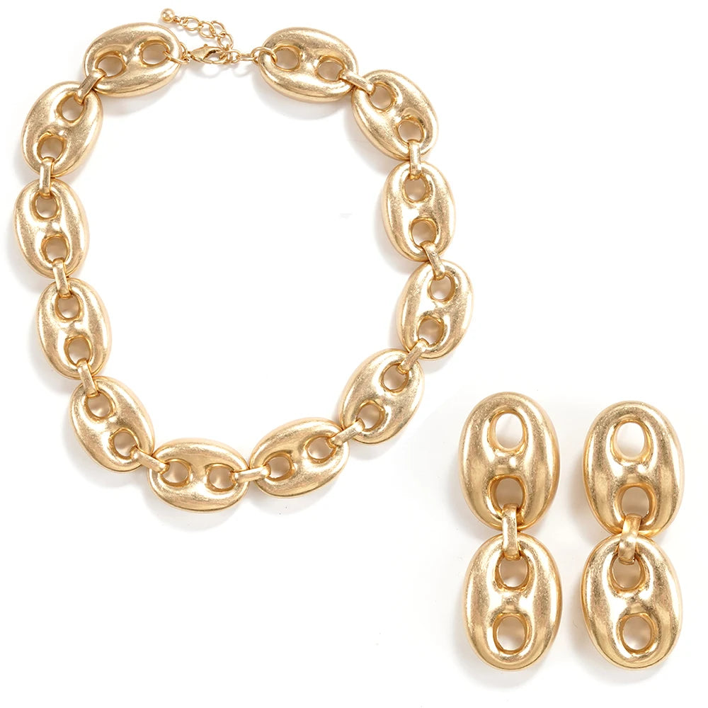 Contemporary Textured Mariner Chain Jewelry Set Polished Gold Tone Necklace And Bracelet Statement Jewelry For Womens Minimalist