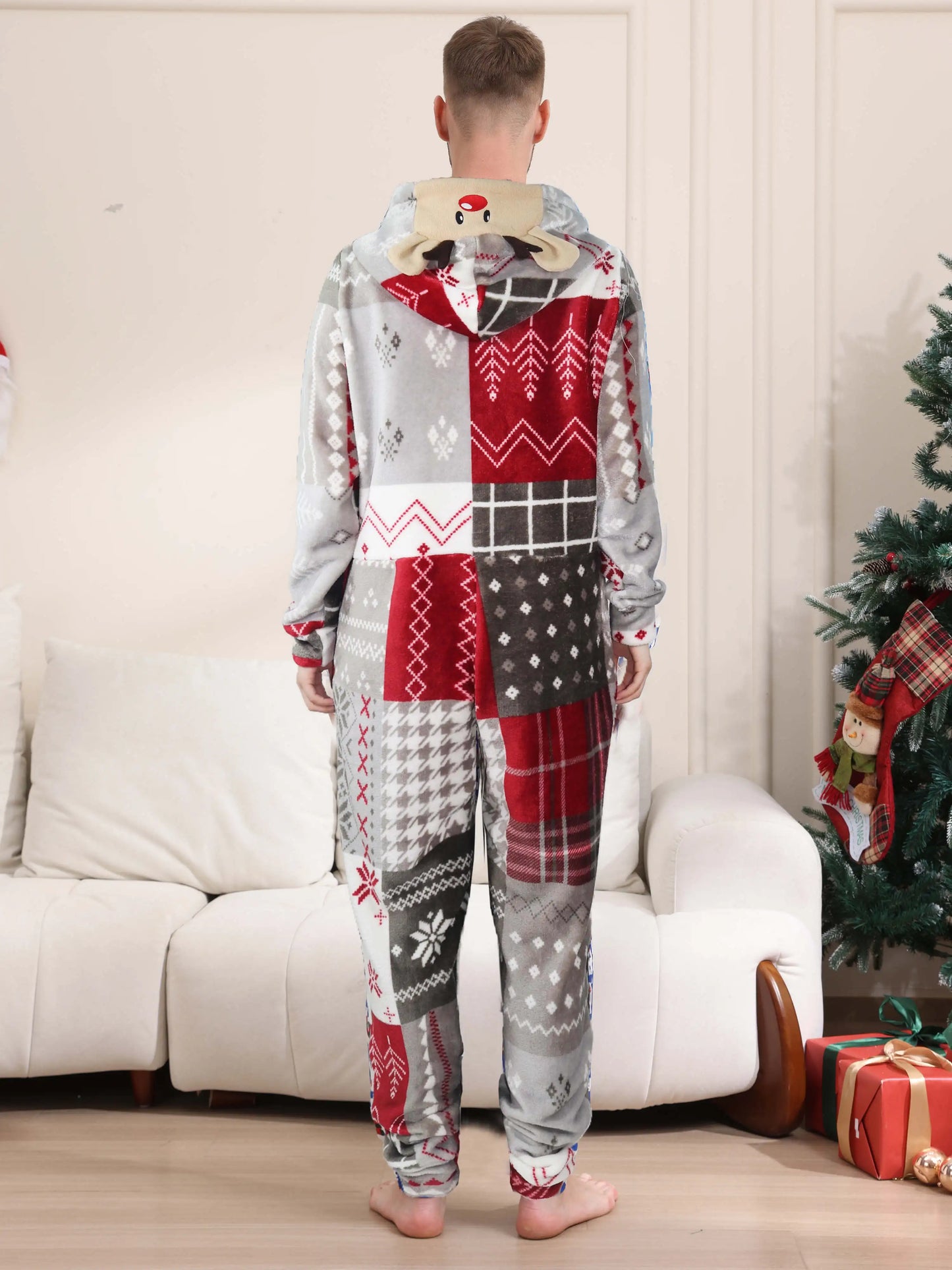2025 Christmas Velvet Family Matching Clothing Set Zipper Hooded One-piece Jumpsuit Soft Loose Xmas Onesie Warm Thick Sleepwear