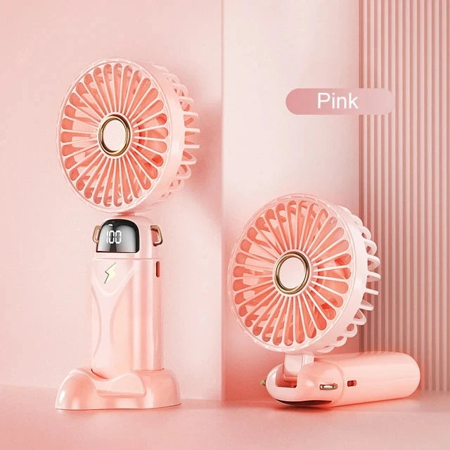 USB Handheld Mini Fan Foldable Portable Neck Hanging Fans 5 Speed USB Rechargeable Fan with Phone Stand and Display Screen