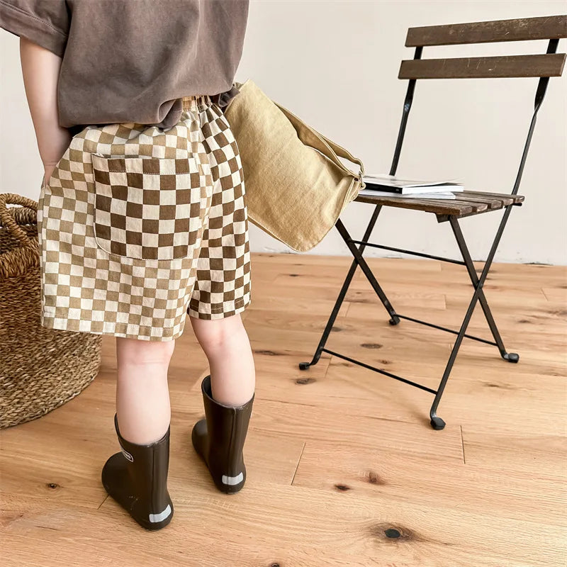 deer jonmi 2023 Summer Korean Style Children Plaid Patchwork Shorts Baby Boys Casual Chic Loose Shorts Kids Clothes