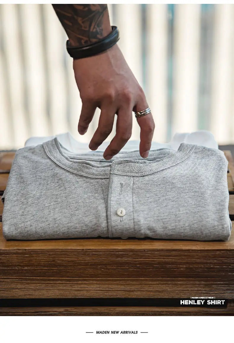 Vintage Daily Stand Neck T-shirt Men's Solid Patchwork Button Trendy Temperament Simple Cotton Long Sleeved Top JJ356