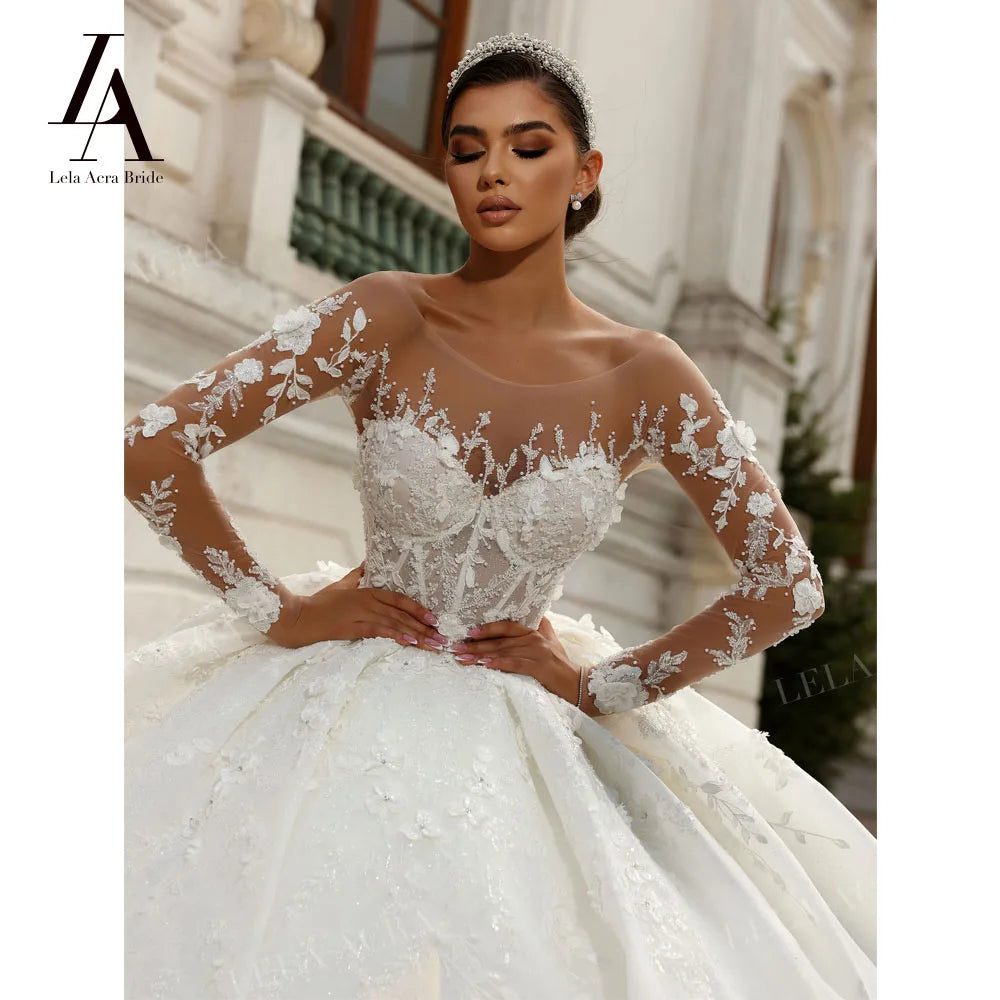 LelaAcra 3D Flowers Wedding Dress 2026 Long Sleeve Sweetheart Luxury Ball Gown Princess Bride SM161 Plus Size Vestido de Noiva