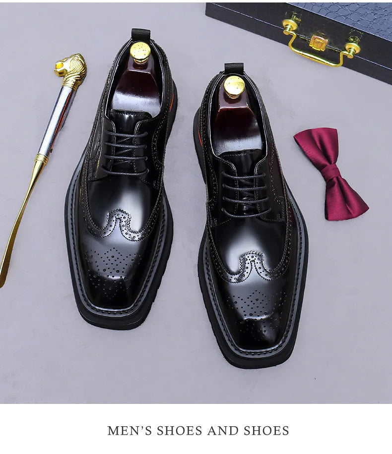 Men's Brogue Platform Oxford Shoes Genuine Leather Thick Sole Formal Dress Shoes for Men Business Casual Lace Up Luxury Oxfords