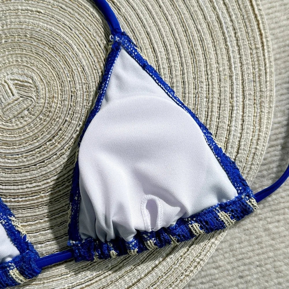 Fashion Stripes 3 in 1 Swimwear Set Lace Up Slim Fit Bikini Bathing Suit Deep-V Sleeveless Knitting Swimsuit Vacation