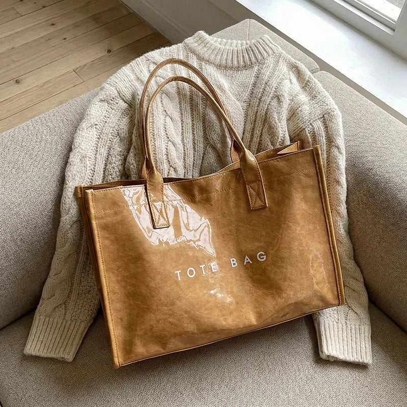 Women's Glossy Leather Tote Bag Letter Print Large Capacity Casual Commuter Shoulder Bag Fashion Daily Shopping Handbag 2026