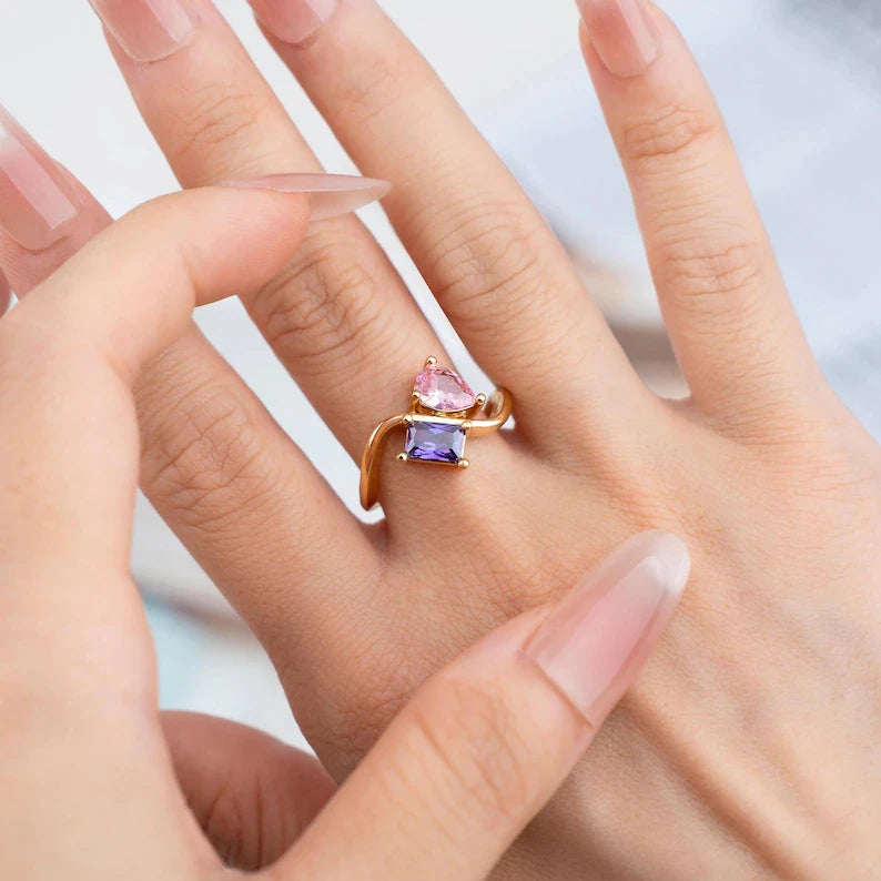 Custom Mother Daughter Birthstone Ring Personalized Infinity Bond Two Stone Ring 18K Gold Plated Jewelry Gift for Mom