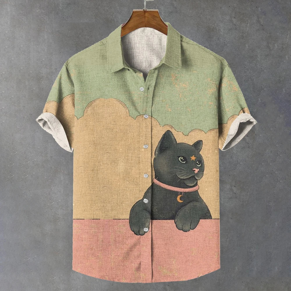 Summer Men's Shirt Animal Pattern Print Cat Shirts Casual Short Sleeve Streetwear Fashion Oversized Male Clothing Cardigan Top