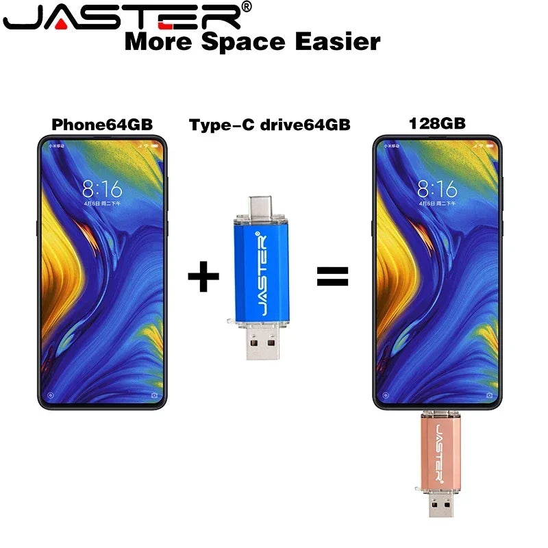 JASTER TYPE-C Smart Phone USB Flash Drives Metal Pen Drive Golden Hight speed Memory Stick Business U disk 16GB 32GB 64GB 128GB