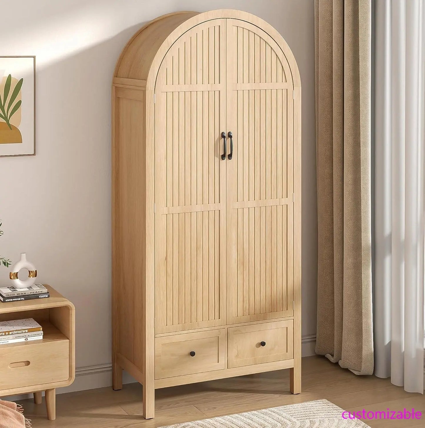 70.87'' Wood Armoire w/2 Arched Fluted Doors, Drawers &amp; Shelves, Hanging Rod for Bedroom (Wood Color)