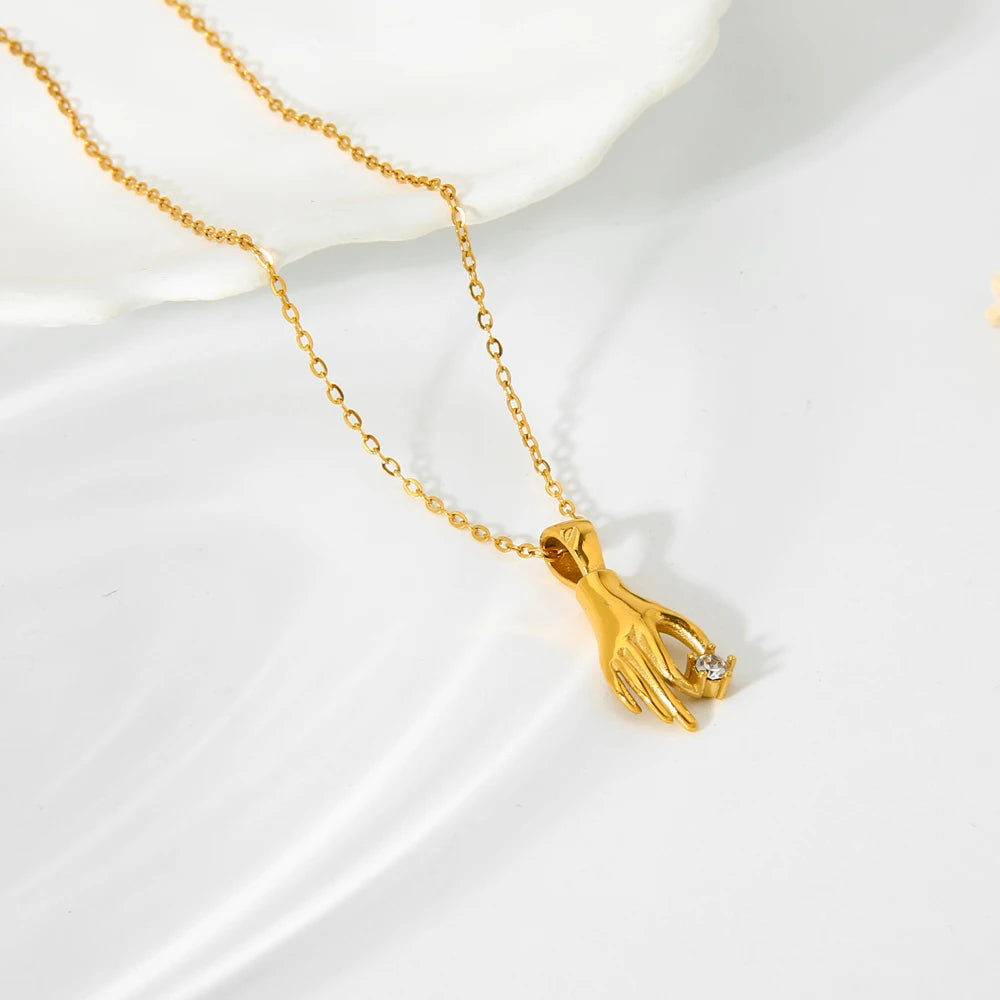 Dancy Fairy Stainless Steel Shiny Stone Abstract Palm Pendant Necklace for Women 18K Gold Color Hand Pick Star Charm Necklace