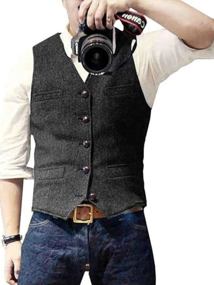 Men's Suit Vest Military Green Single Breasted Blended  Men Vest Denim Jeans Waistcoat Jacket Slim Fit Casual Formal Business