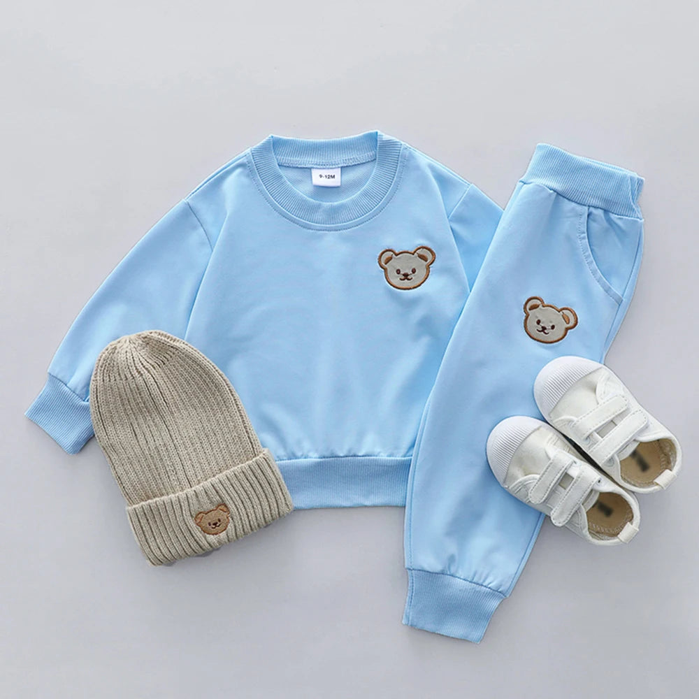 2PCS Children's Set Spring and Autumn Simple Little Bear Head Round Neck Long Sleeve Pants Outdoor Set for Young Children