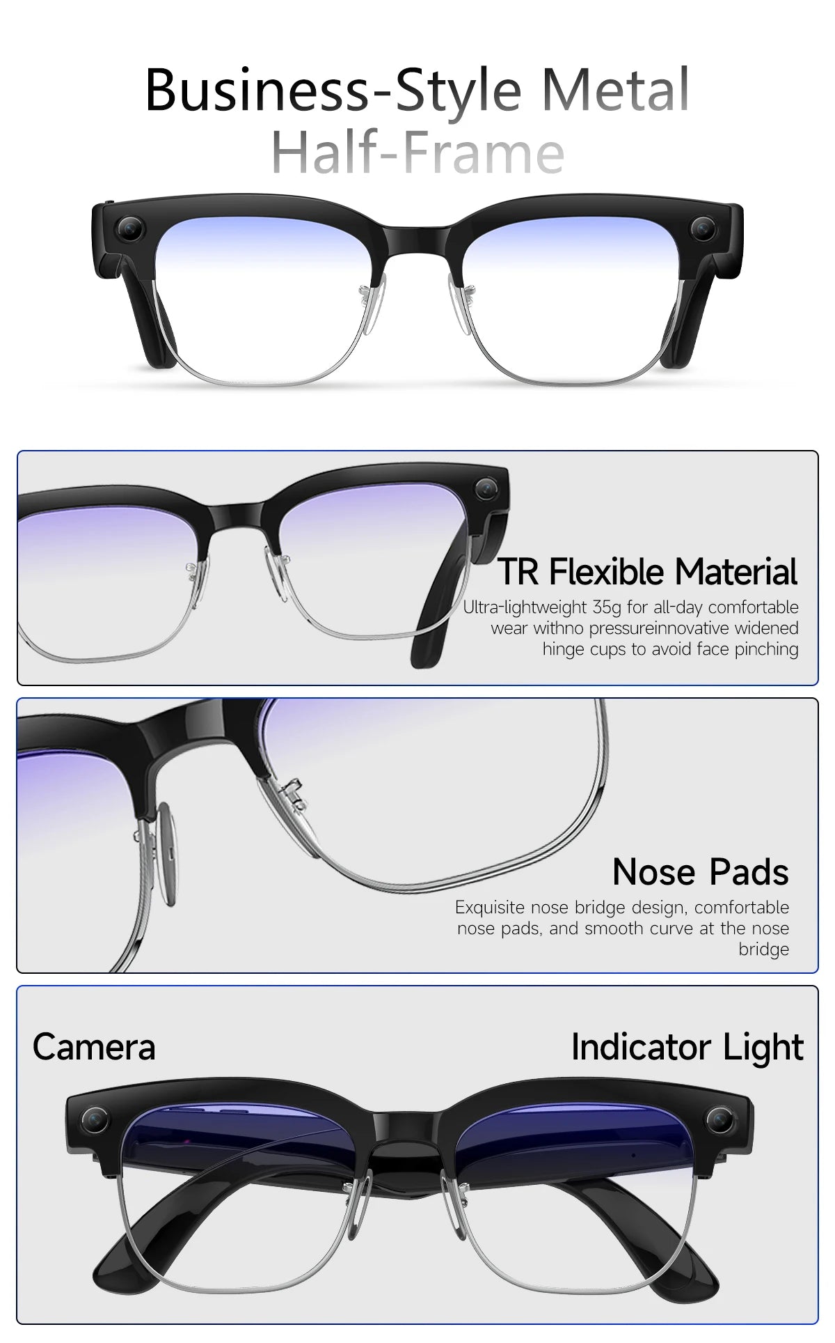 2025 New Intelligent AI Glasses 800W Pixel Camera HD 4K Video Recording AI Translation Music Control Intelligent Wearable Device